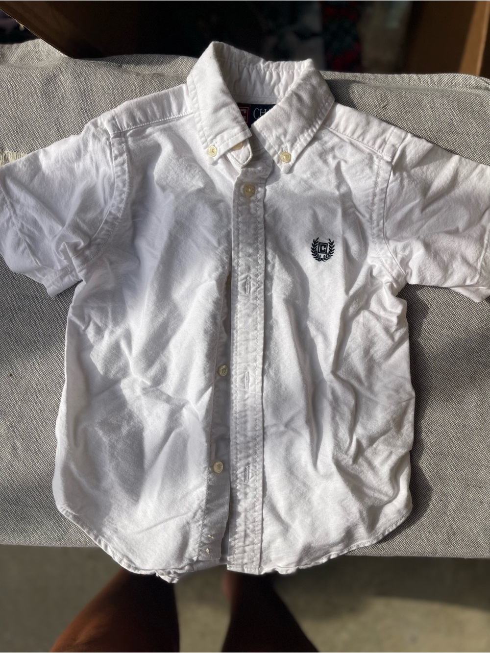 Chaps Boys White Button-Down Shirt with Navy Crest